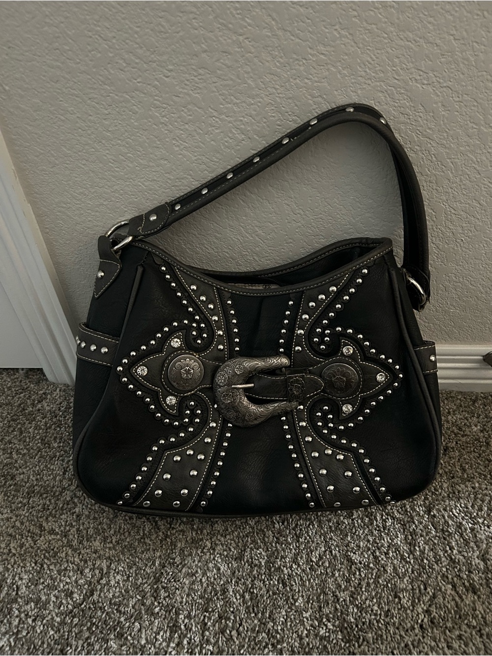 Montana West Black Shoulder Bag with Studs and Decorative Buckle